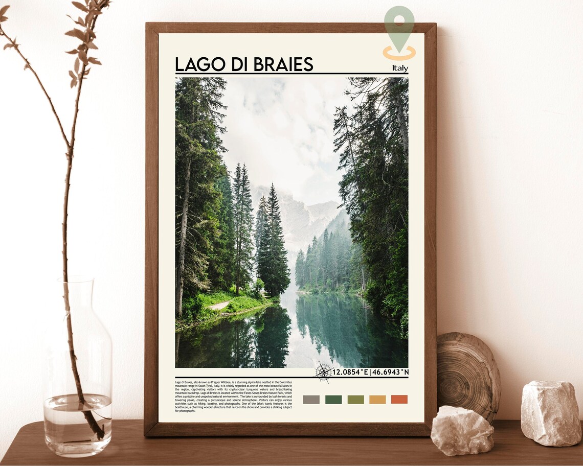 Lago di Braies Italy Dolomites Alpine Lake Pines Travel Poster