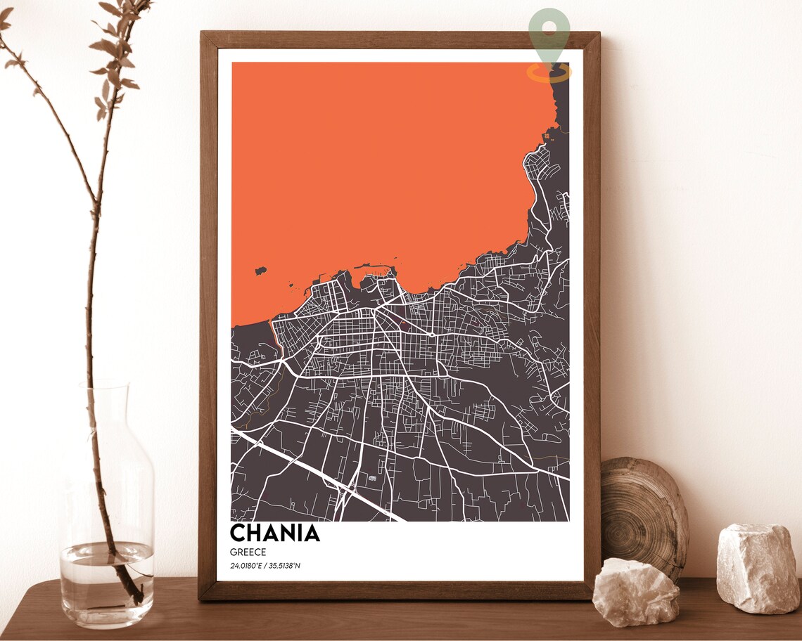 Chania Greece Navy Blue Crete Coast Modern City Map Design Poster - Image 4