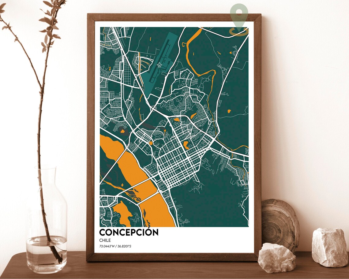 Concepcion Chile Dark Cyan Bay River Modern City Map Art Poster - Image 6