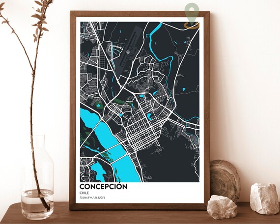 Concepcion Chile Dark Cyan Bay River Modern City Map Art Poster