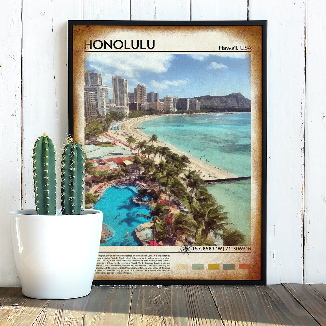 Honolulu Hawaii Waikiki Beach Diamond Head Travel Poster Surf - Image 4