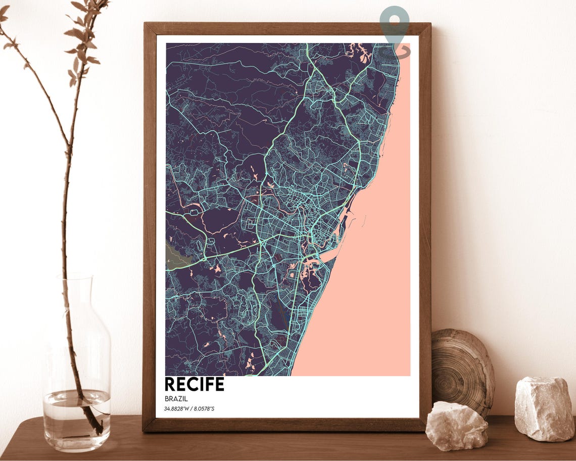 Recife Brazil Coastal Teal Modern City Map Home Decor Poster