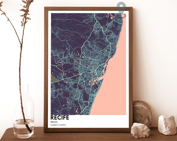 Recife Brazil Coastal Teal Modern City Map Home Decor Poster