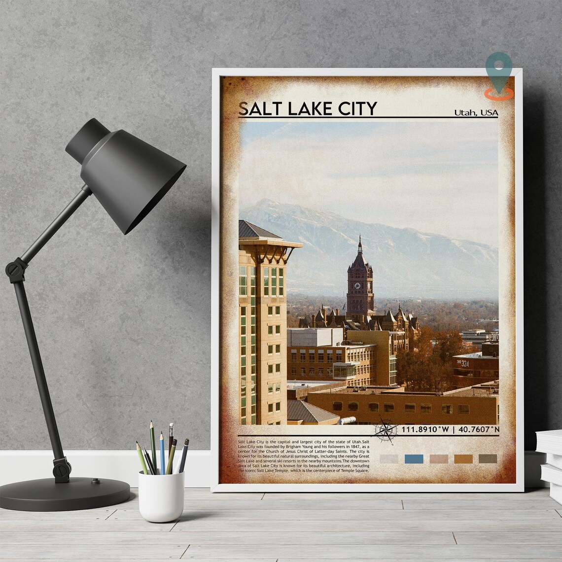 Salt Lake City Utah Clock Tower Snowy Mountains Travel Poster - Image 4