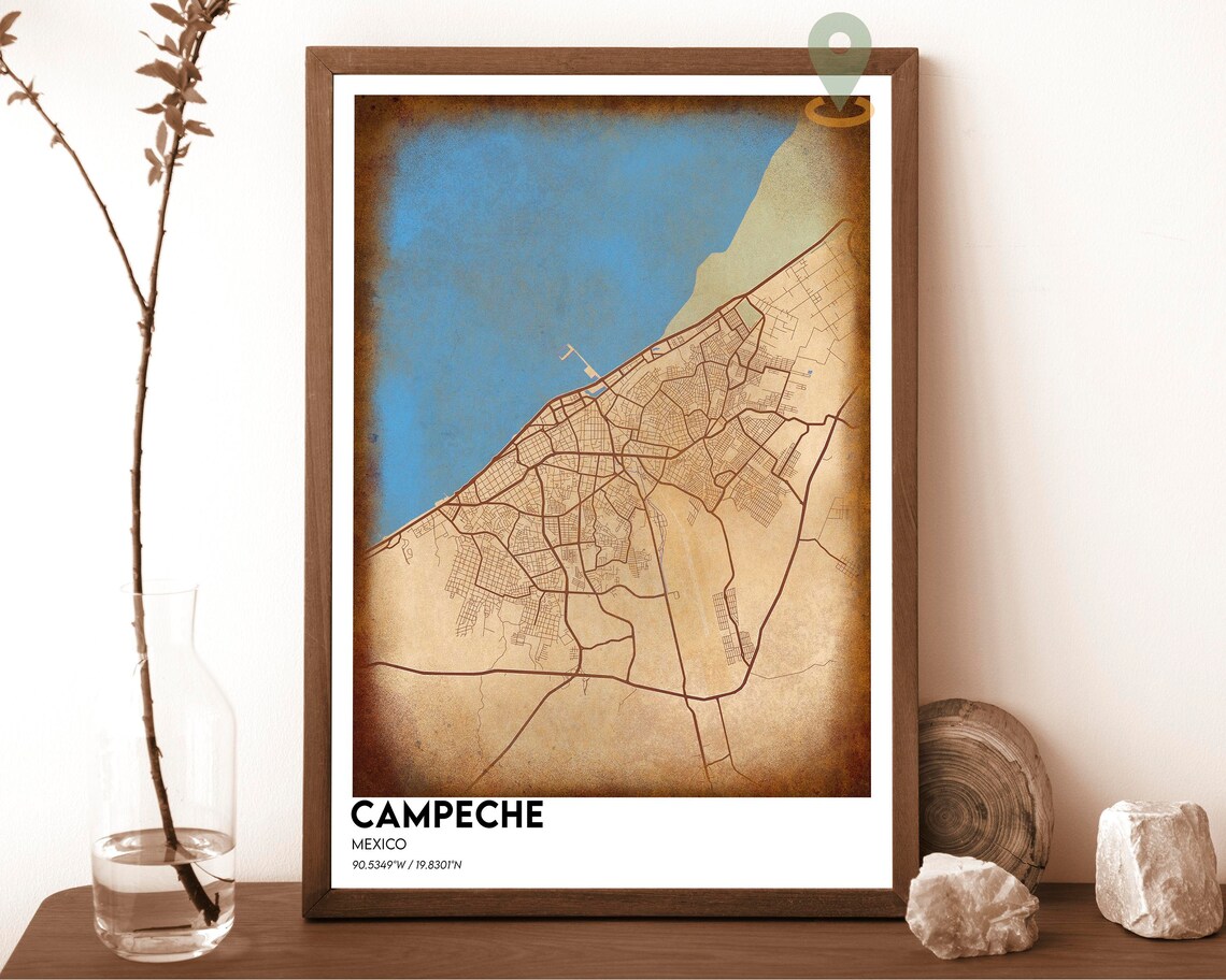 Campeche Mexico Modern City Map Poster in Navy and Gold Tones - Image 2