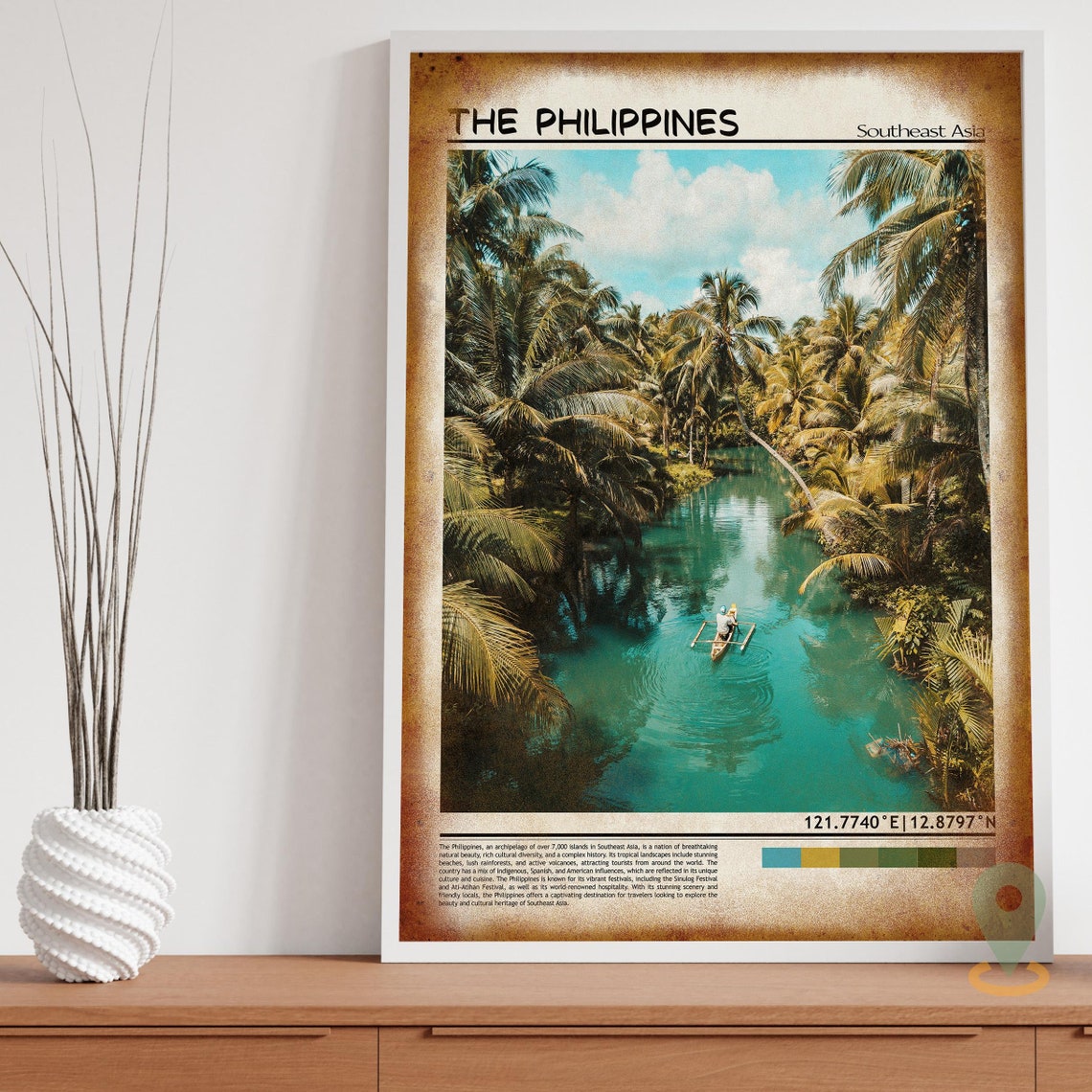 Philippines Palm River Turquoise Jungle Waterway Scene Travel Poster - Image 3