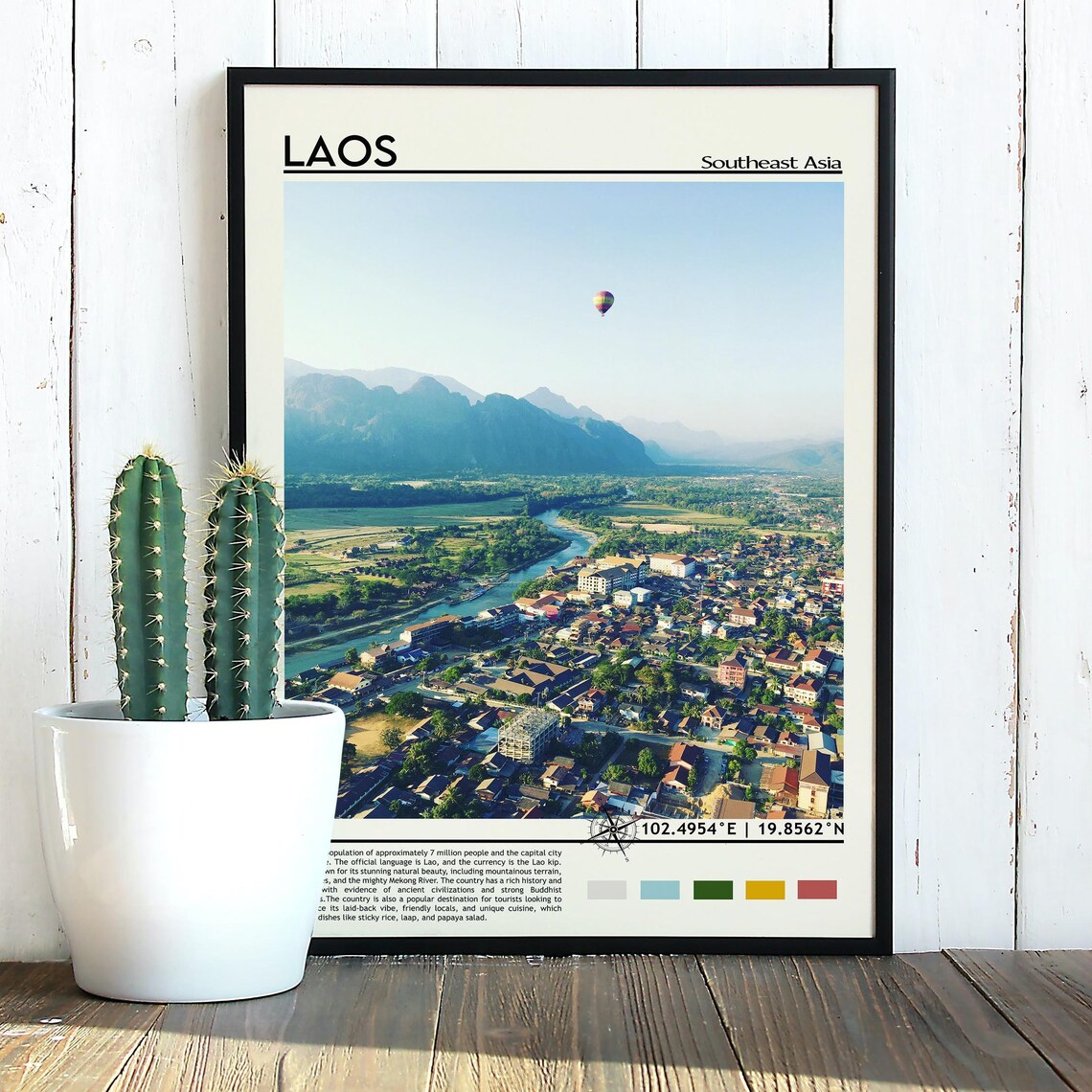 Laos Southeast Asia River Valley Town Mountains Hot Air Balloon Poster - Image 3