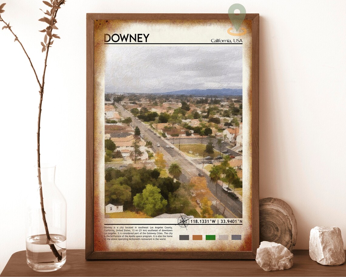 Downey California Aerial City View Watercolor Suburban Poster - Image 6
