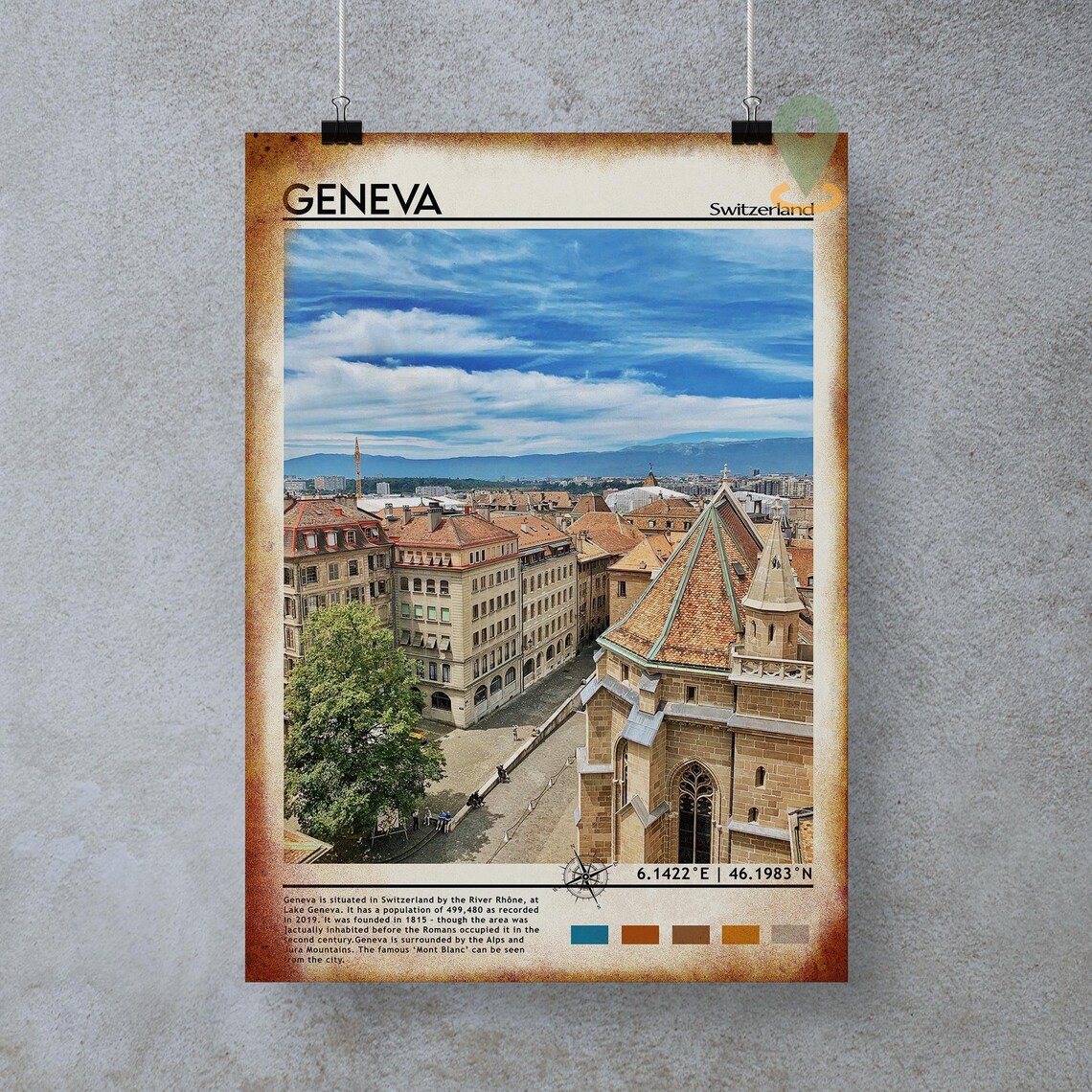 Geneva Switzerland Old Town Rooftops Cathedral Lake View Travel Poster - Image 4