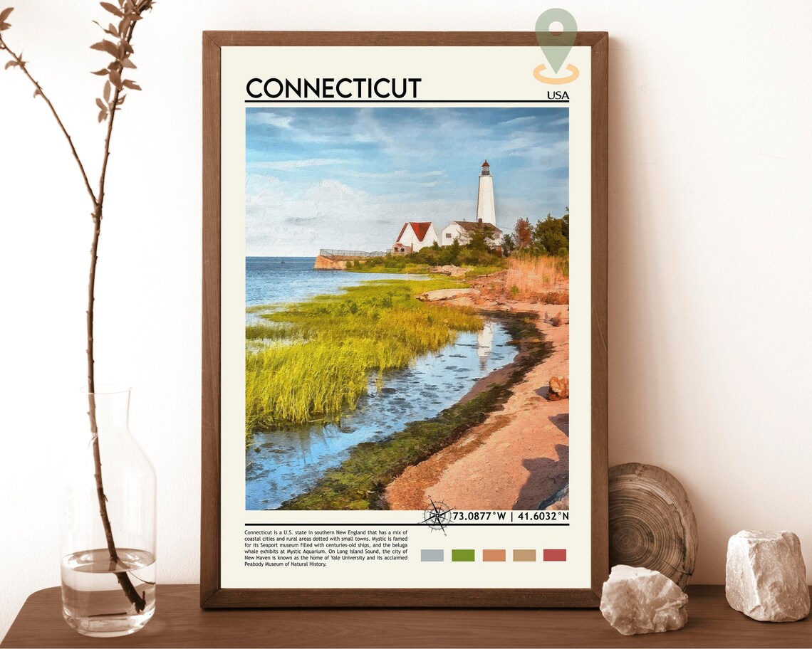Connecticut Lighthouse Coastal Marsh New England Shore Travel Poster