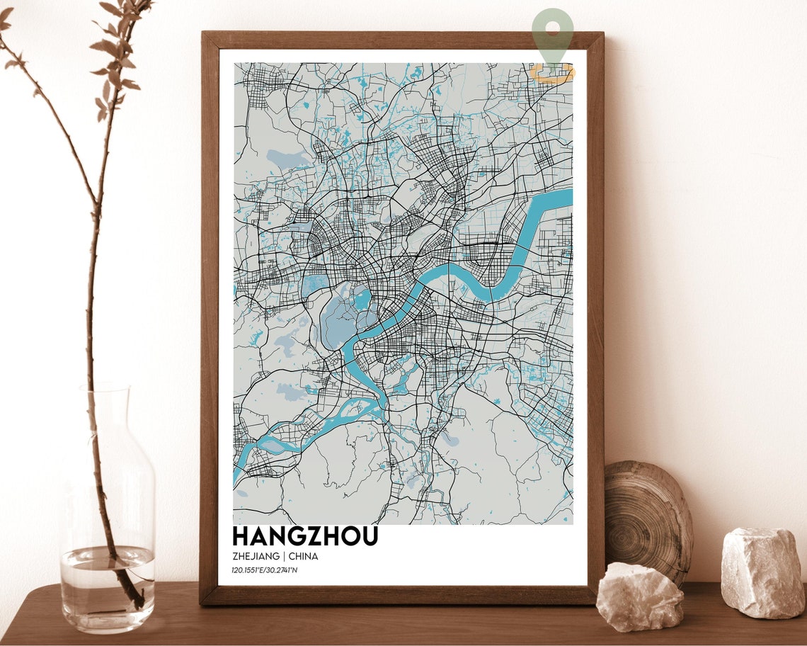 Hangzhou China Modern City Map Teal Orange Minimalist Poster - Image 2