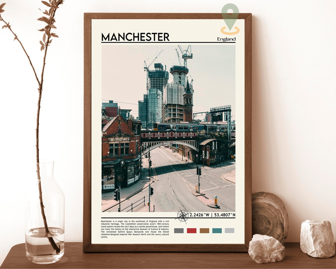 Manchester England City Street Train Viaduct Vintage Travel Poster