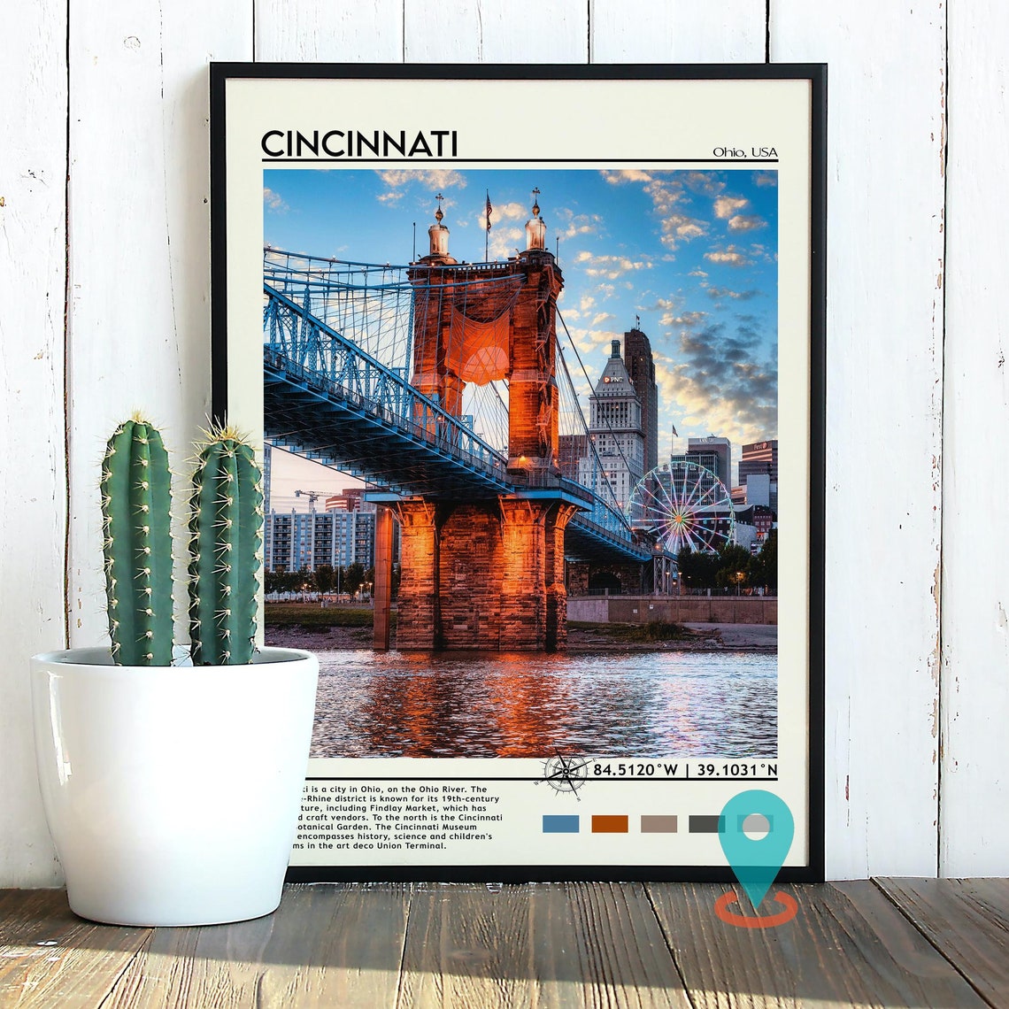 Cincinnati Ohio Roebling Suspension Bridge Sunset River Poster - Image 4