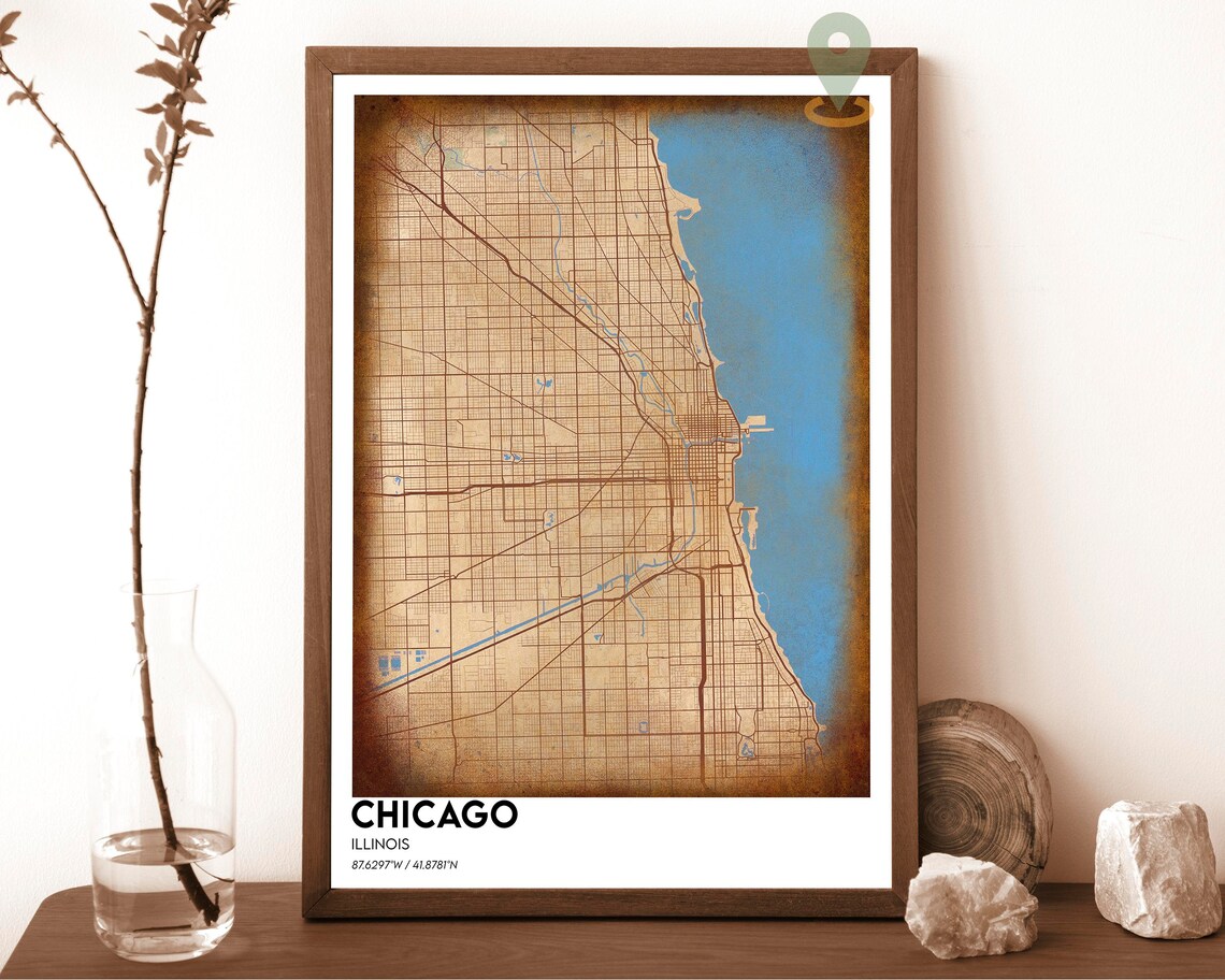 Chicago Illinois Street Map Golden Lake Michigan Navy Grid Art Print - Image 5