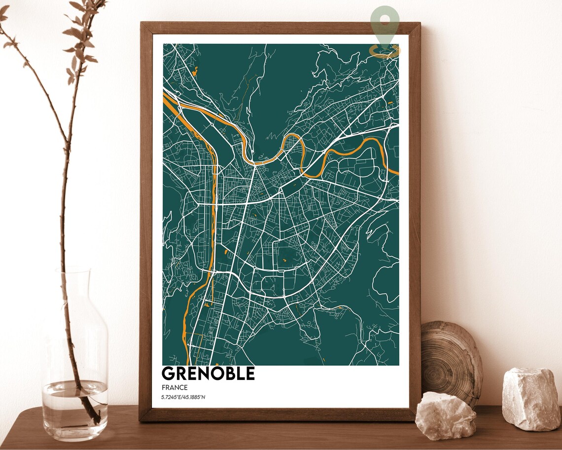 Grenoble France Burgundy Cream Street Grid Map Home Decor Poster - Image 4