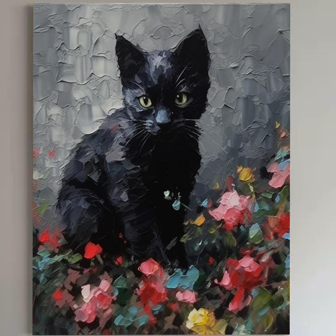 Black Cat Green Eyes Colorful Flower Garden Impasto Art Poster