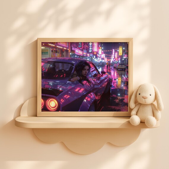 Girl In Neon Car At Night Futuristic City Drive Scene Urban Glow Automotive Wall Art Moody Decor Retro Lights