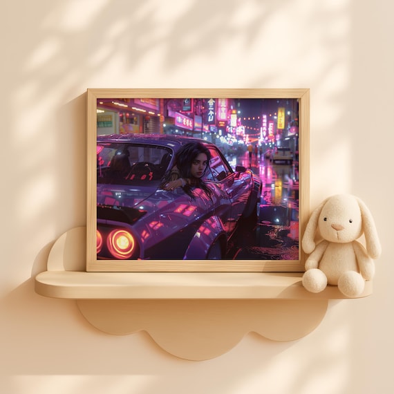 Neon Rain Muscle Car Girl Night City Street Cinematic Art Poster