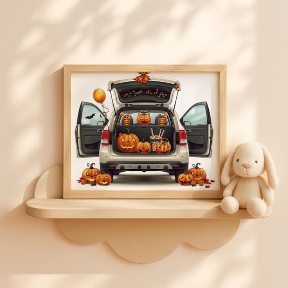 Halloween Trunk Filled With Pumpkins Art Cute Kids Room Fall Car Decor Pumpkin Patch Style Wall