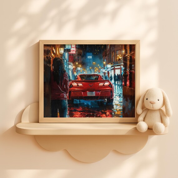 Red Sports Car In Futuristic City Moody Rainy Night Urban Art Girl Leaning Wall Decor