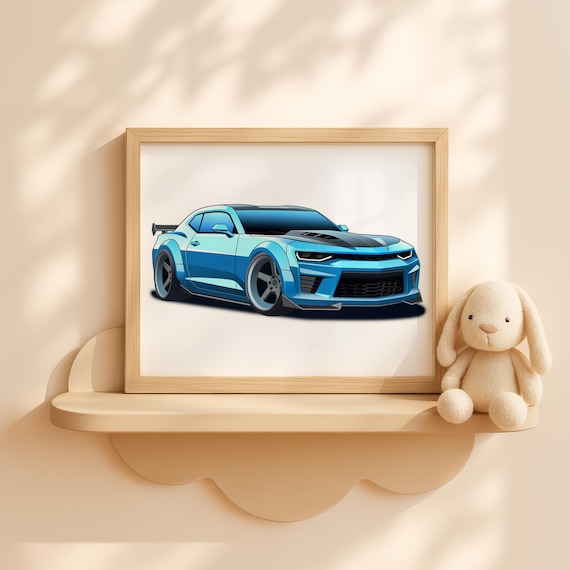 Blue Race Car Kids Nursery Decor Cartoon Sports Coupe Poster
