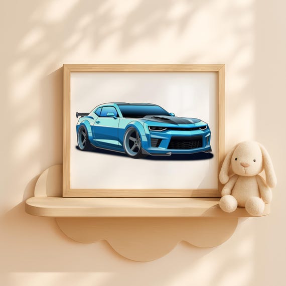 Nursery Blue Race Car Wall Art Baby Room Vehicle Poster Toddler Racing Decor Sports Artwork