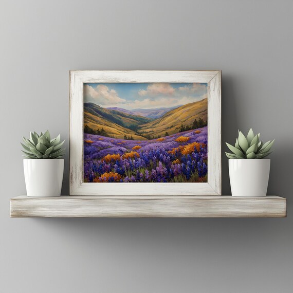 Sweeping Valley With Violet Lupines Rustic Countryside Landscape Moody Spring Wall Art Earthy Mountain Decor