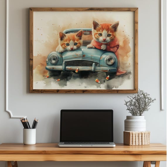 Two Kittens Dressed As Ghosts In A Candycolored Ride Cute Halloween Cat Art Print Vintage Fall Wall Decor Spooky Retro Scene