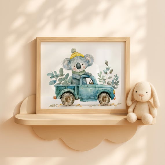 Koala In Blue Truck With Eucalyptus Wall Art Australian Animal Decor Rustic Nursery Forest Wildlife