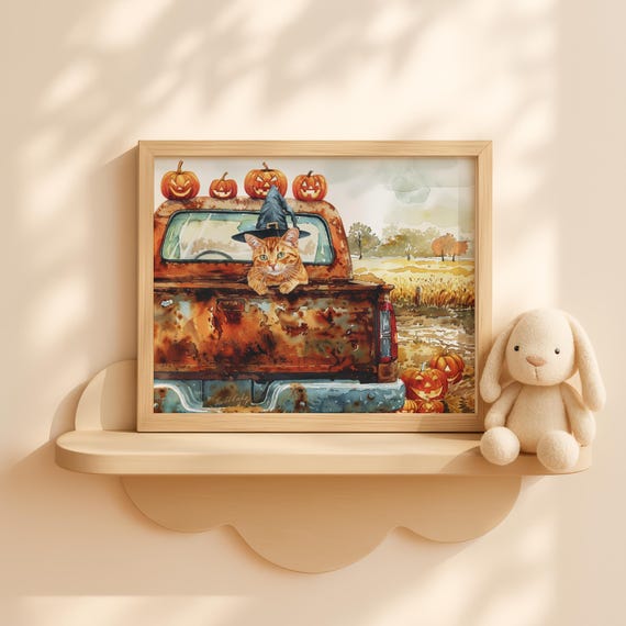 Orange Tabby Cat In Pumpkin Patch Truck Cute Fall Art For Kids Halloween Wall Decor Rustic Autumn Whimsical Painting