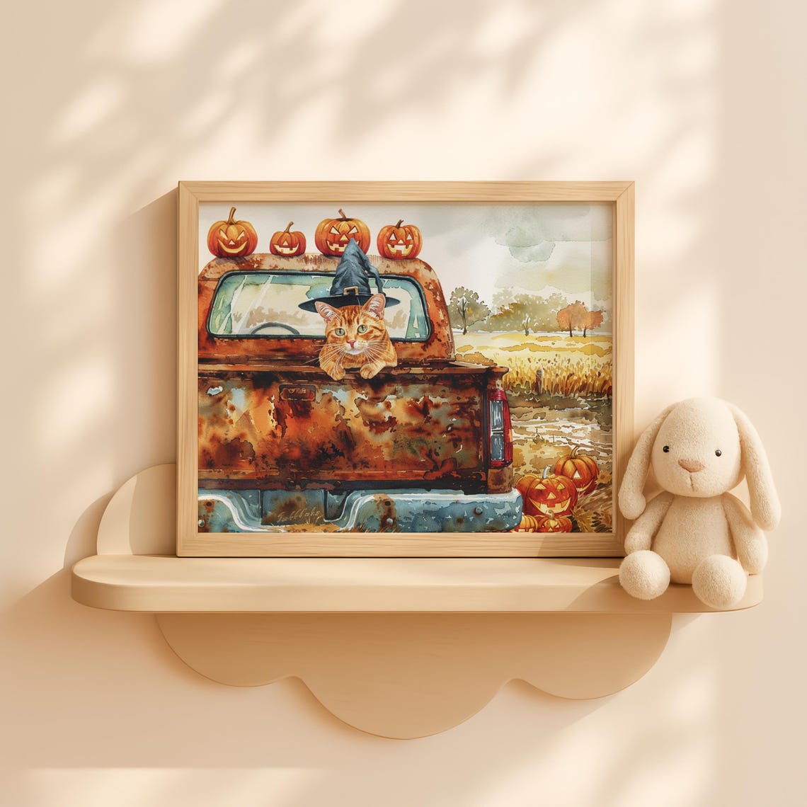 Orange Tabby Cat In Pumpkin Patch Truck Cute Fall Art For Kids Halloween Wall Decor Rustic Autumn Whimsical Painting