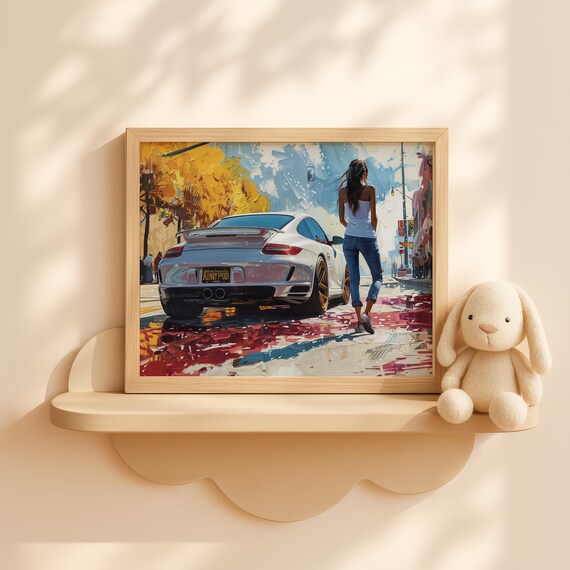 White Sports Car Girl On Autumn Street Fall Urban Moody Fashion Wall Art Decor