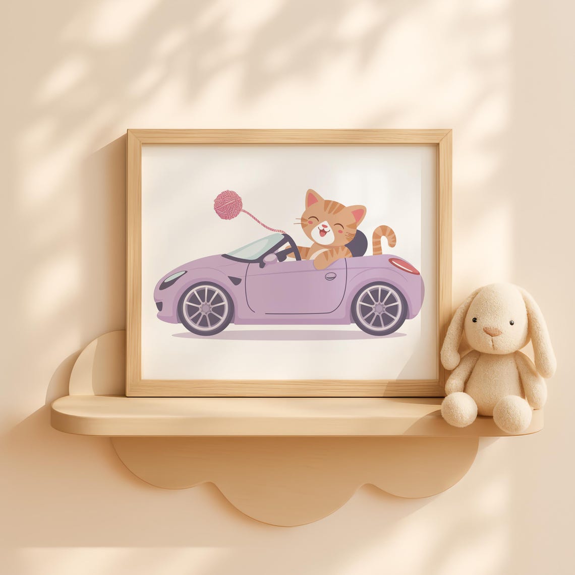 Kitten Driving a Lilac Convertible With Yarn Ball Cute Cat Poster