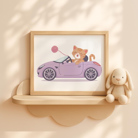 Kitten Driving a Lilac Convertible With Yarn Ball Cute Cat Poster