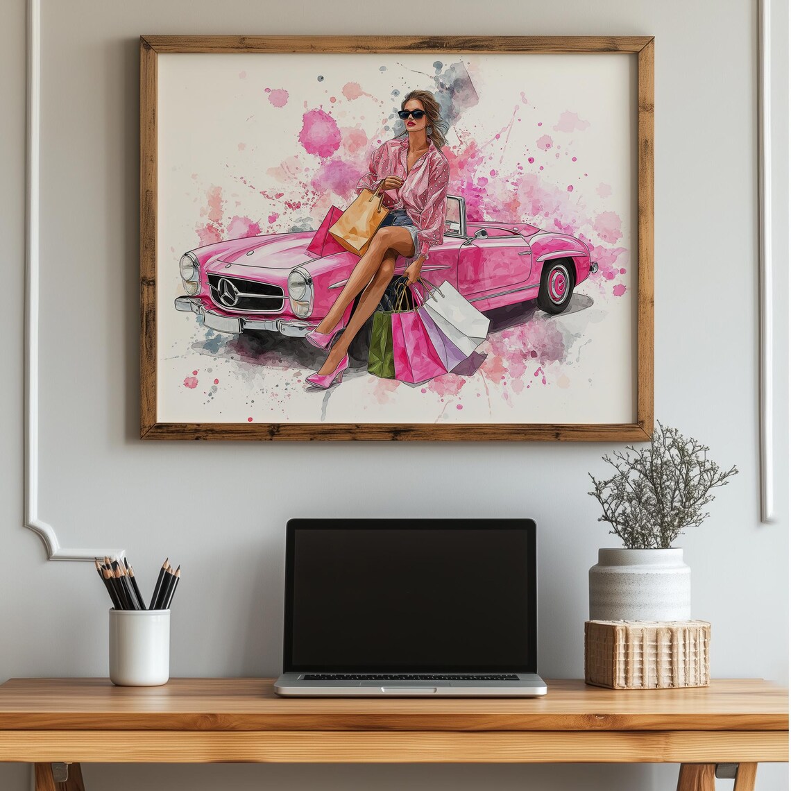 Glamorous Woman With Pink Classic Convertible Shopping Art Poster