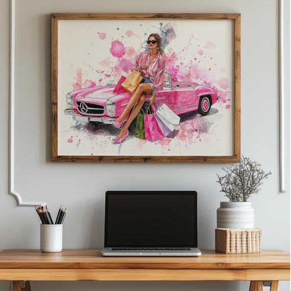 Glamorous Woman With Pink Classic Convertible Shopping Art Poster