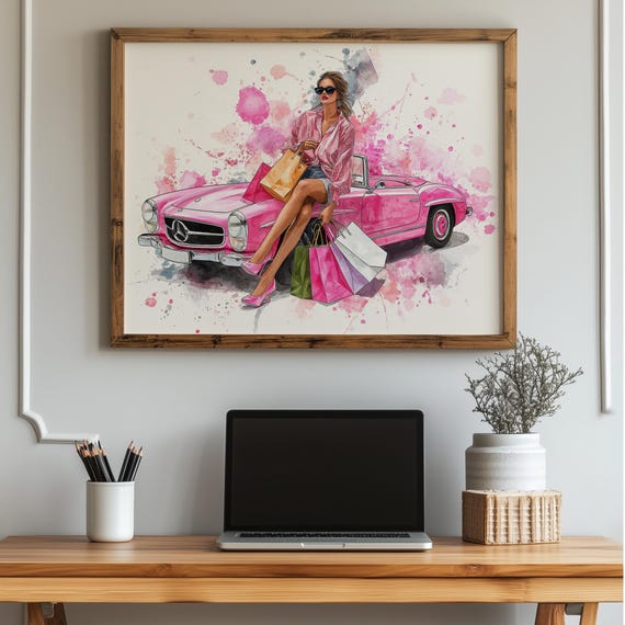 Pink Watercolor Shopping Art Print Glam Fashion Girl Wall Decor Retro