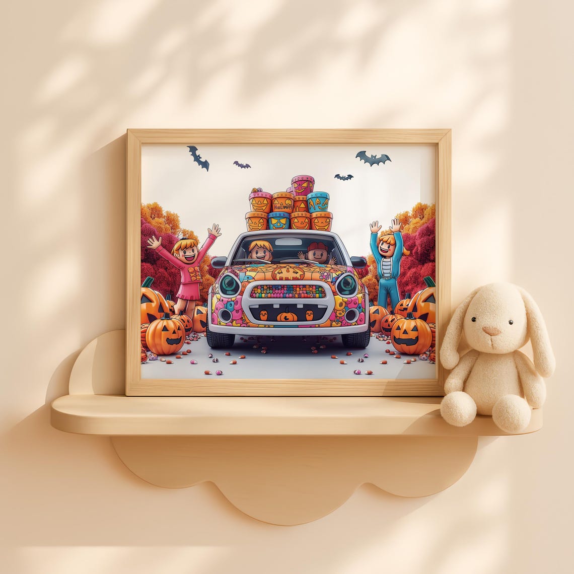 Colorful Halloween Hatchback Car With Kids Waving Cute Fall Wall Art Pumpkin Decor For Childrens Room