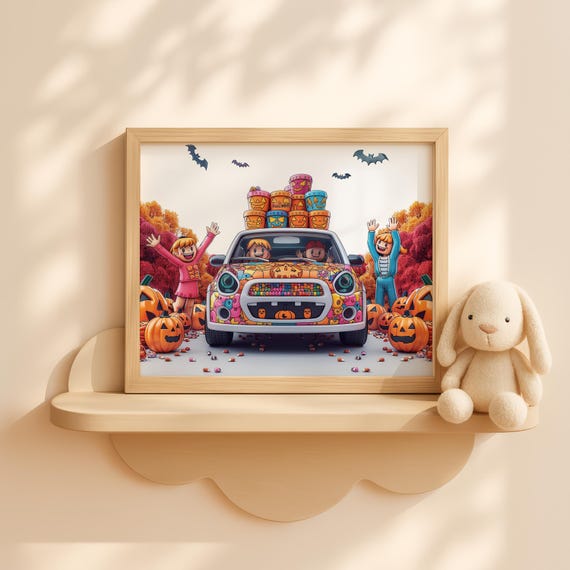 Colorful Halloween Hatchback Car With Kids Waving Cute Fall Wall Art Pumpkin Decor For Childrens Room