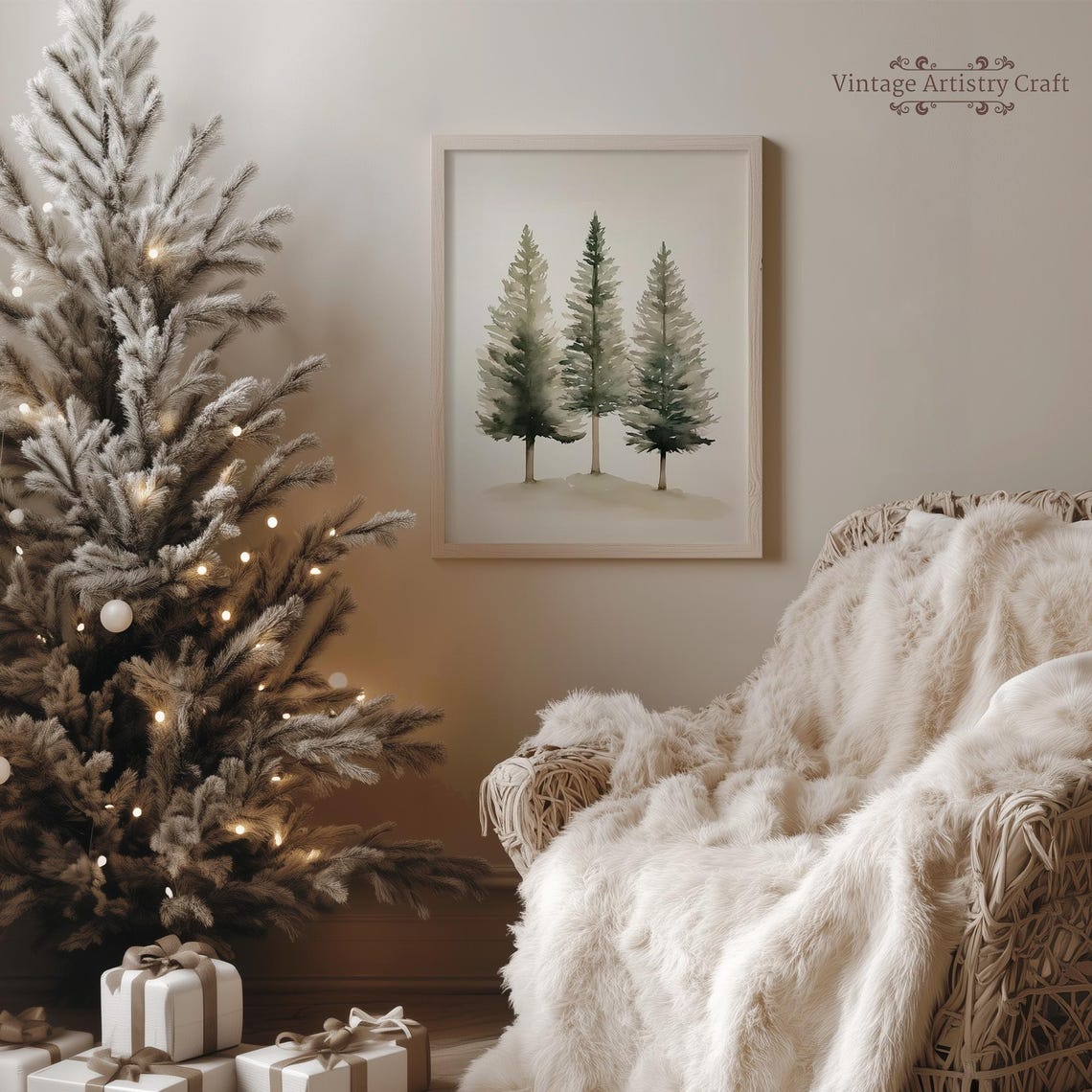 Watercolor Pine Trees Trio Winter Forest Minimalist Neutral Poster - Image 4