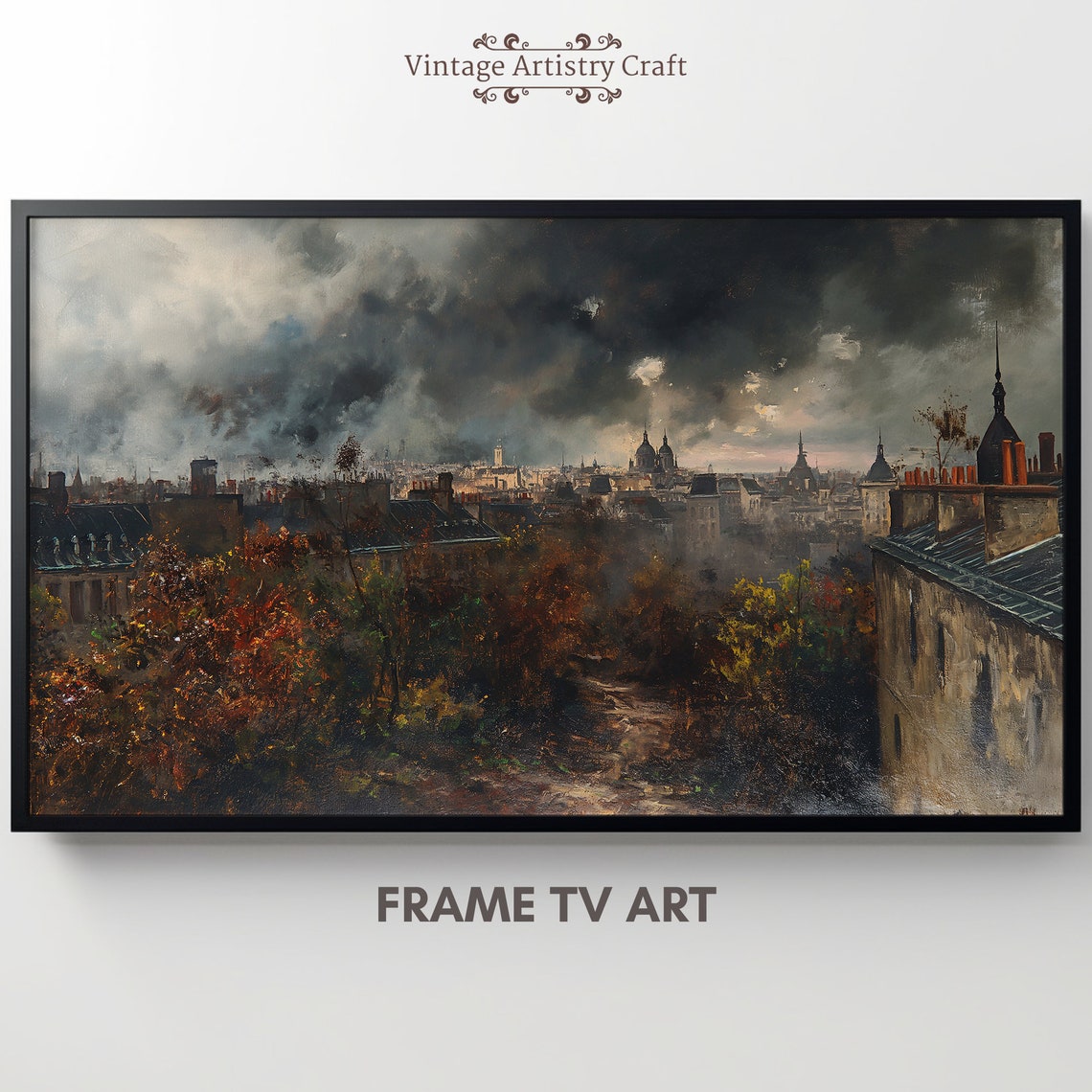 Muted European Rooftops Storm Clouds Vintage Cityscape Oil Poster