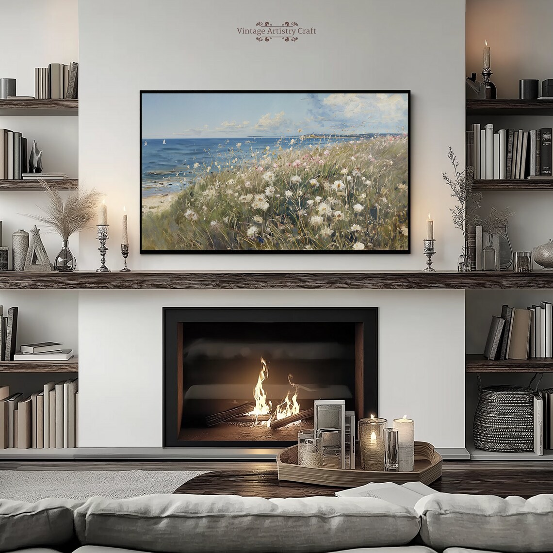 Summer Coastal Wildflower Meadow Ocean Sailboat Vintage Painting Poster - Image 4