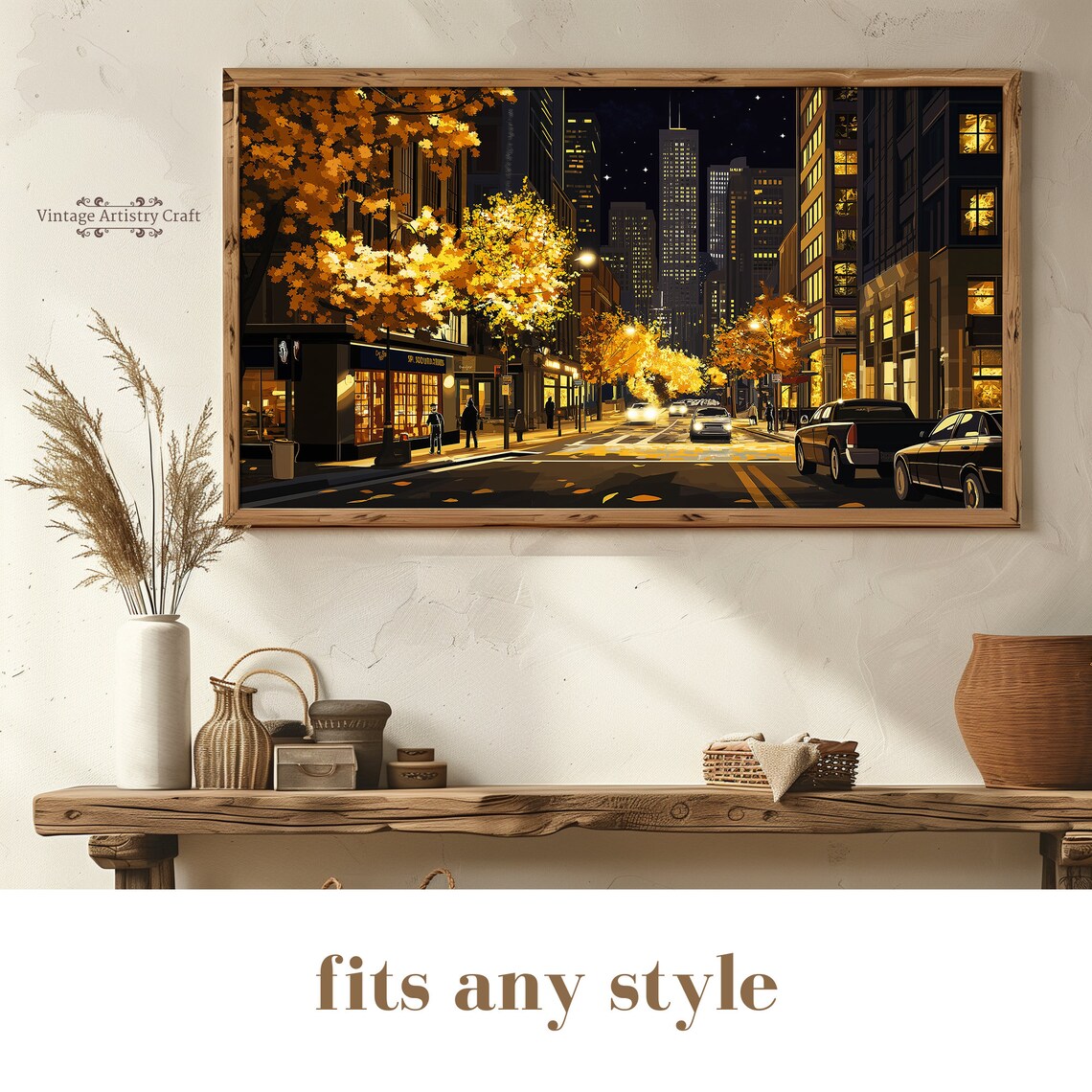 City Night Street Golden Autumn Trees Lit Skyscraper Painting Poster - Image 8
