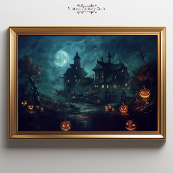 Haunted House Halloween Vintage Moonlit Spooky Pumpkins Poster