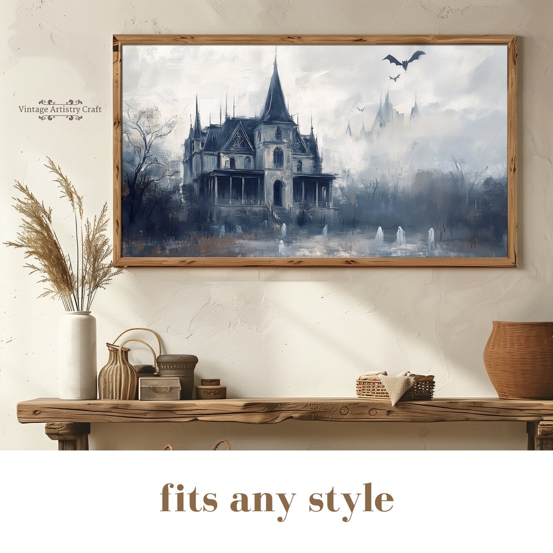 Misty Blue Grey Haunted Mansion Ghosts Bats Eerie Manor Poster - Image 7