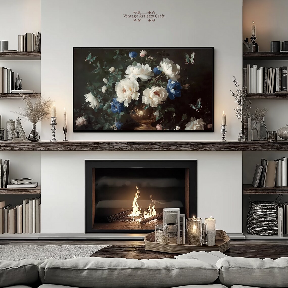 White Peonies Moody Floral Still Life Vintage Oil Painting Poster - Image 4
