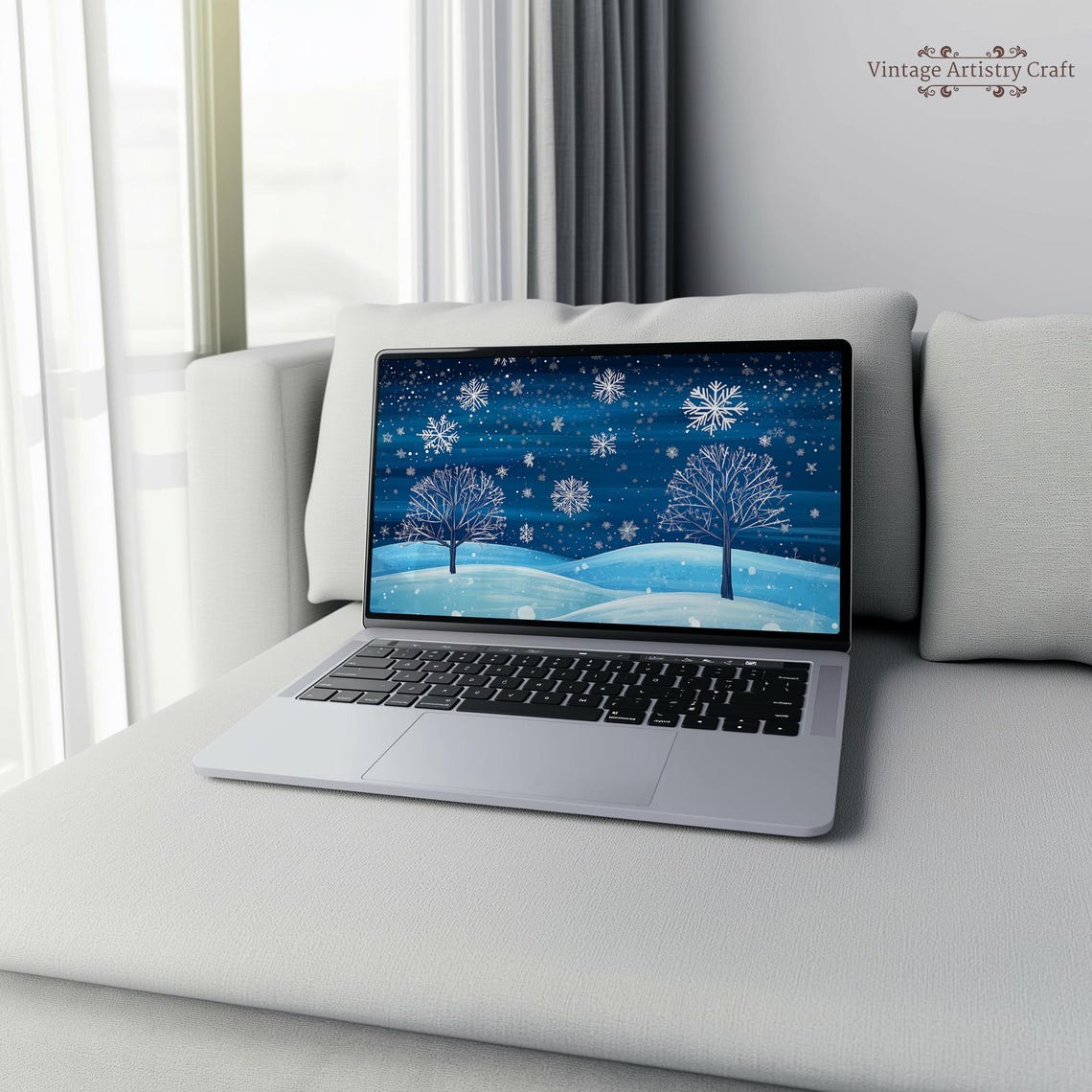 Snowy Winter Night Blue Snowflakes Starry Trees Desktop Art Poster - Image 8