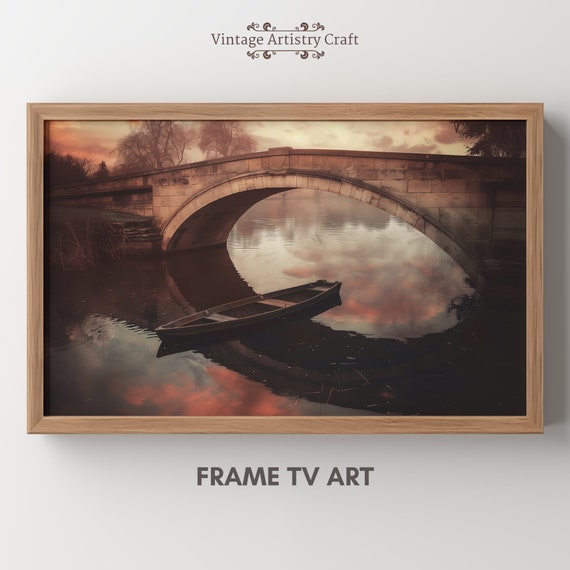 Vintage Frame Tv Art Antique River Aesthetic Moody Boat Beautiful Sky Muted Oil Painting Decor For Tv Instant