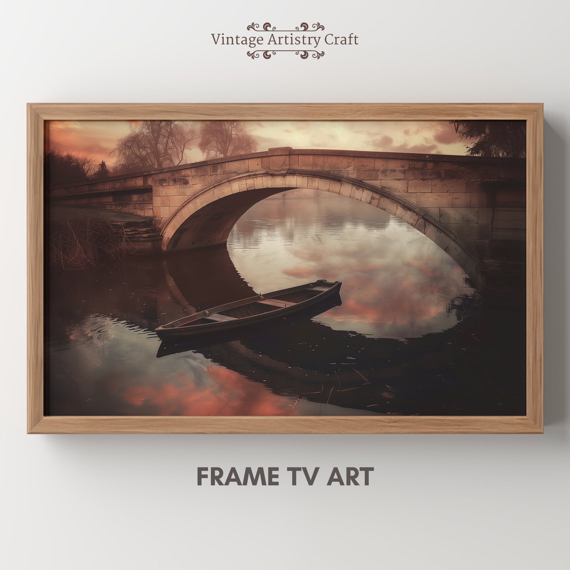 Old Stone Bridge and Rowboat Sunset Reflection Moody River Poster