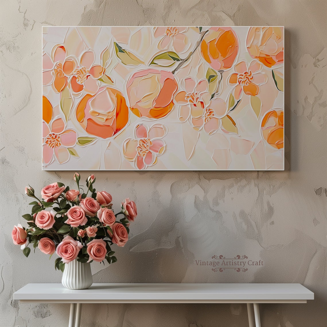 Textured Peach Blossom Impasto Orange Citrus Floral Canvas Poster - Image 4